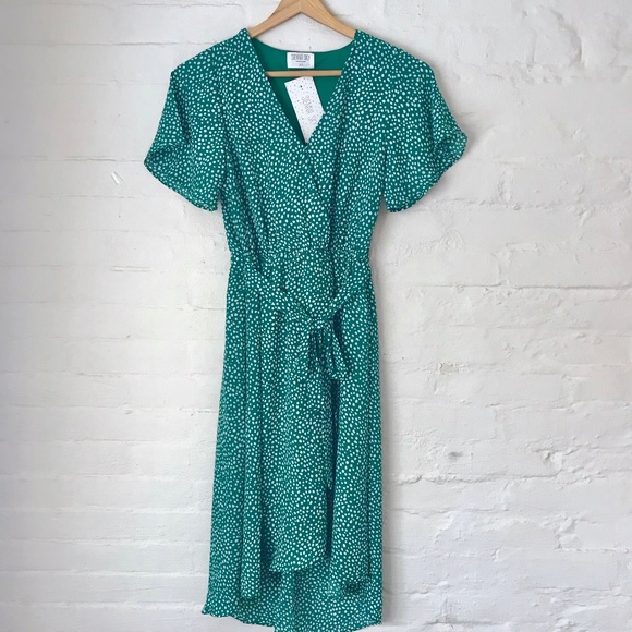 green and white polka dot wrap dress